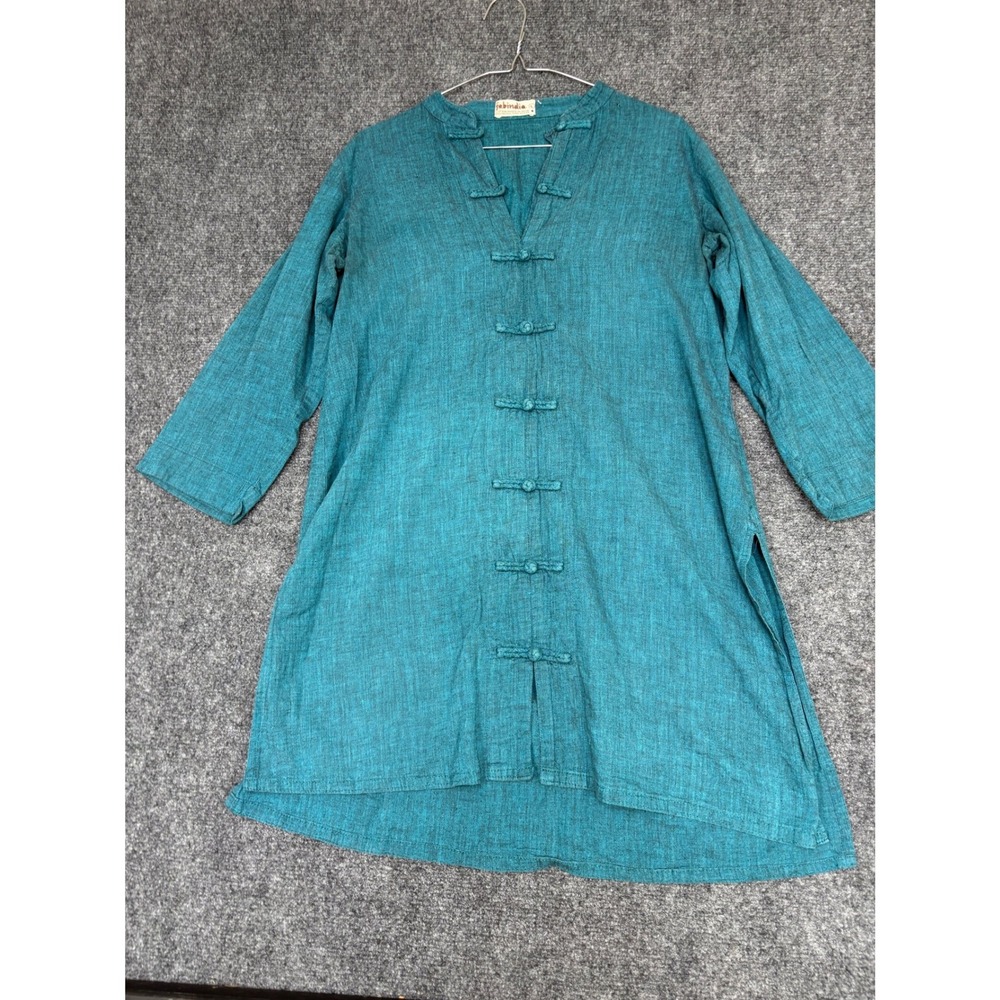 Fabindia India Teal Cotton Tunic Kurta Frog Button Long Top Women's L